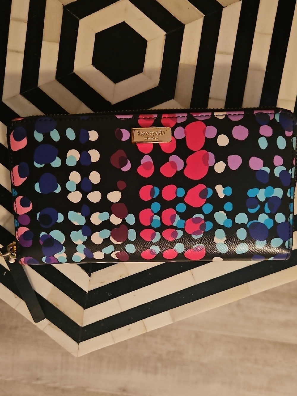 kate spade Laurel Way Wallet with Pink, Purple and Blue Dottie Print